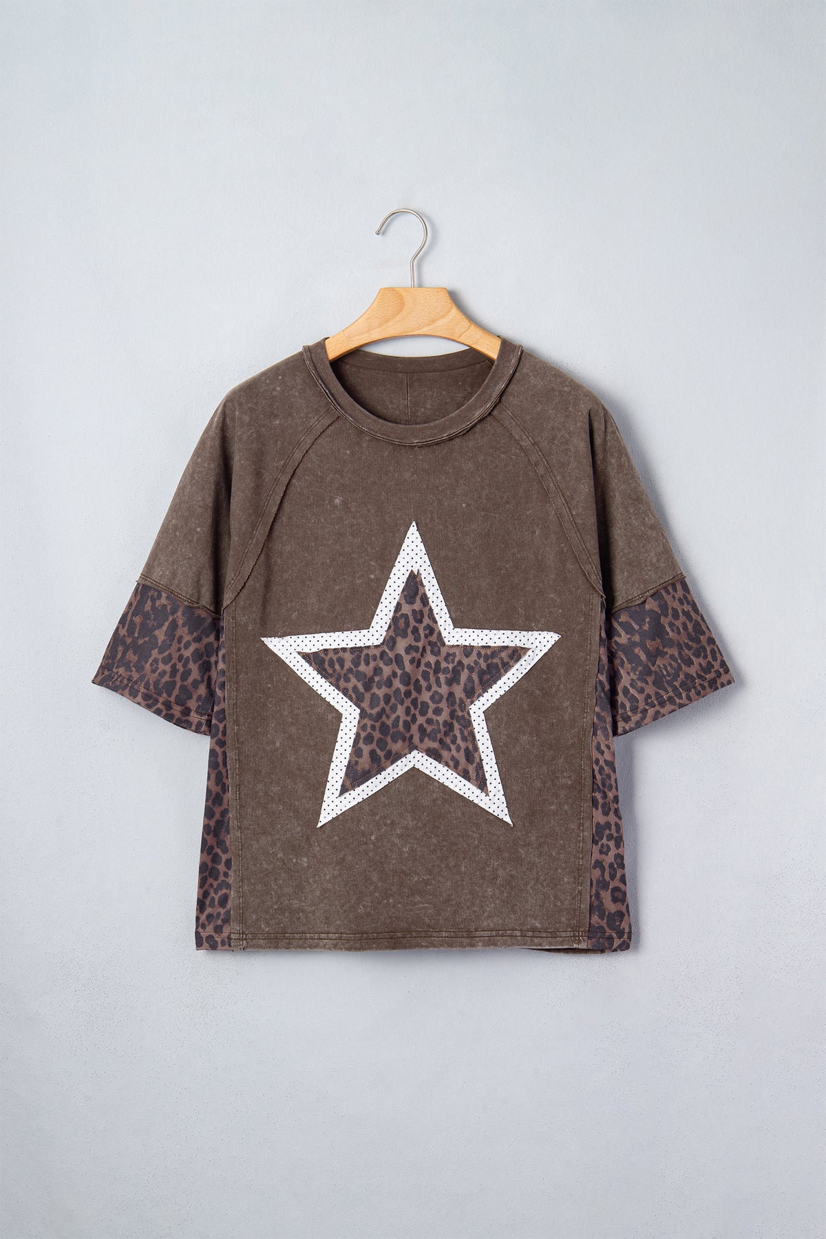 Coffee Mineral Wash Exposed Seam Leopard Star Patched T Shirt