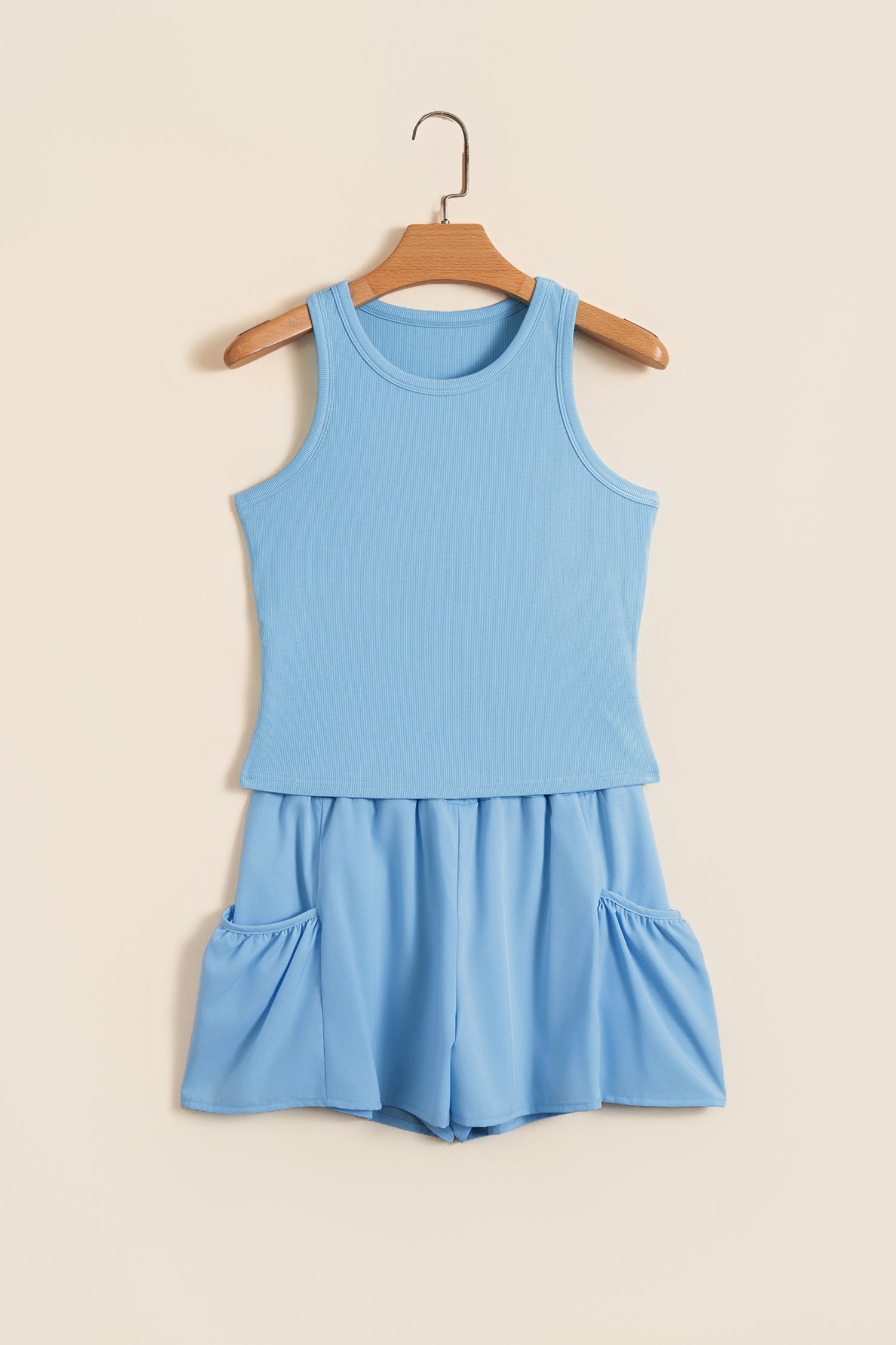 Mist Blue Ribbed Slim Tank Pocketed Wide Leg Shorts Set