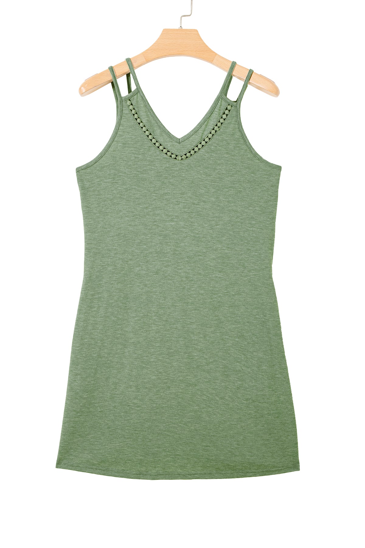 Grass Green Solid Color Lace Detail V Neck Sleeveless Shift Mini Dress
